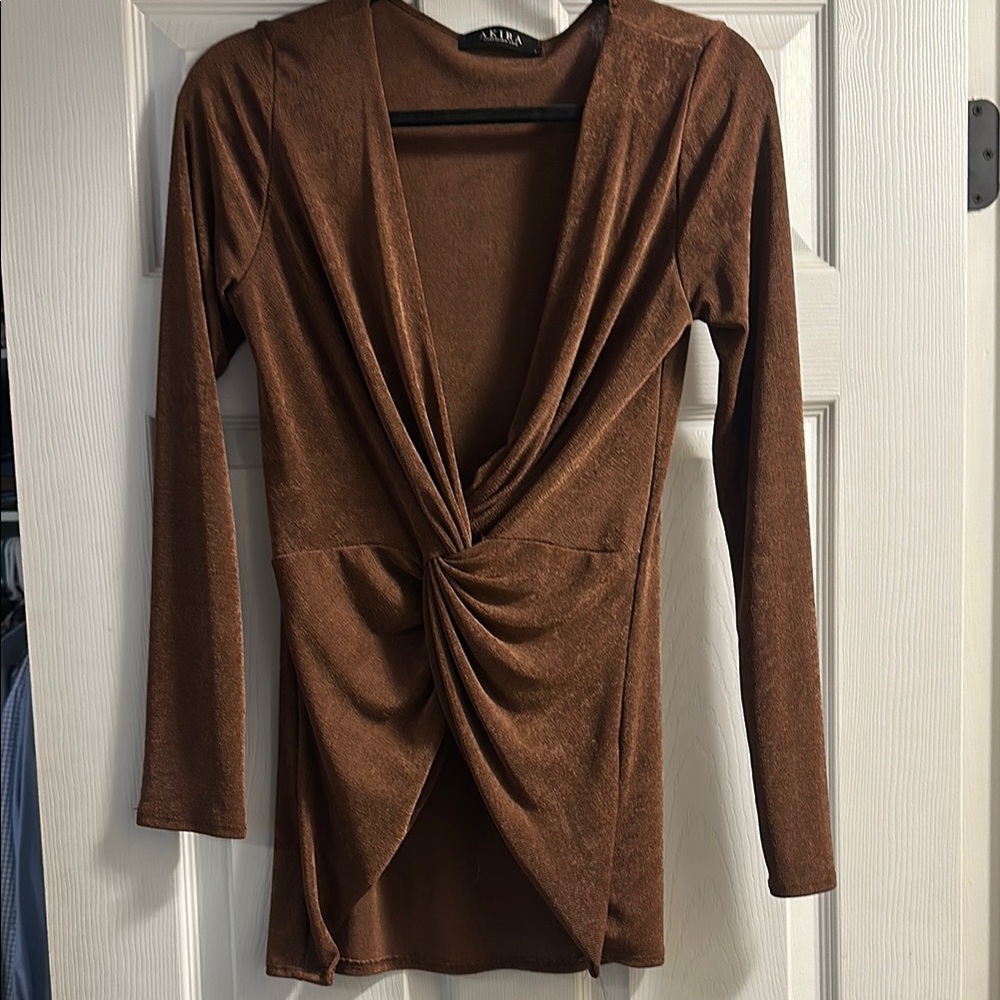 AKIRA Brown Ruched Wrap Blouse with Long Sleeves